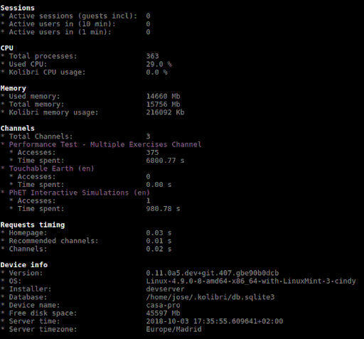 Command line output of the 'kolibri manage benchmark' command