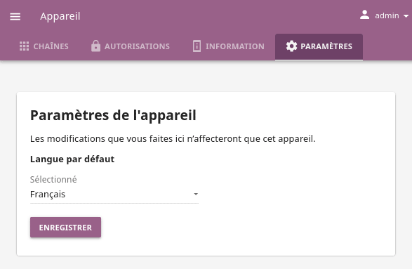 Open the Device page and navigate to Settings tab to set the default language.