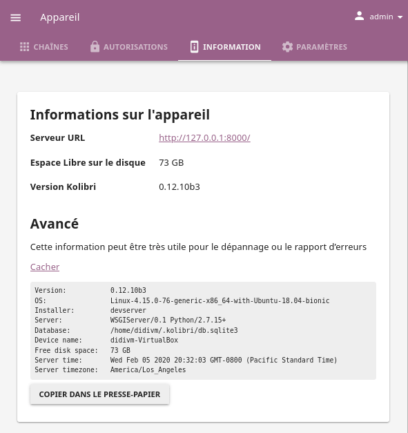 Open the Device page and navigate to the Info tab to find the IP (Server URL) for your device.