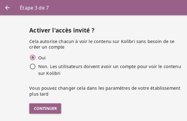 Step 3 of 7 where you can allow guests to access Kolibri content without the need to create an account.