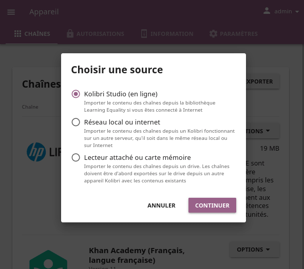 Use the radio buttons to select source for importing content