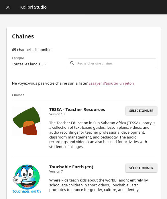 Available Channels on Kolibri Studio page where you can select which public channel you want to import content from.