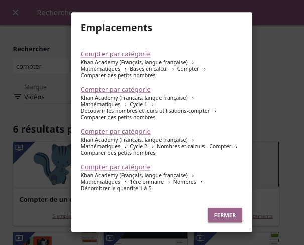 Details for the duplicated resources in the search results will open in a new dialog window; use the links to explore or close the dialog to return to the search results.