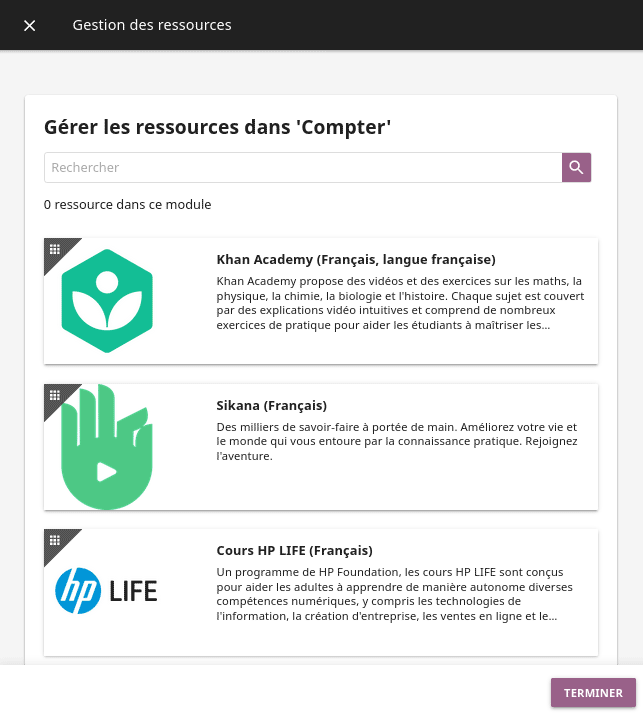 This window presents a list of channels from which you can choose to add resources to the lesson.