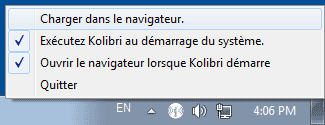 When you right click the Kolibri taskbar icon, you can see the taskbar options.