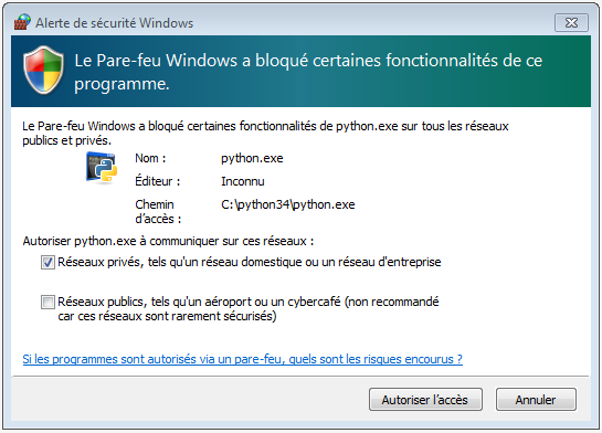 Windows security alert window that opens when Windows firewall needs your permission to allow the Python process, needed to run Kolibri, to be executed on your computer.