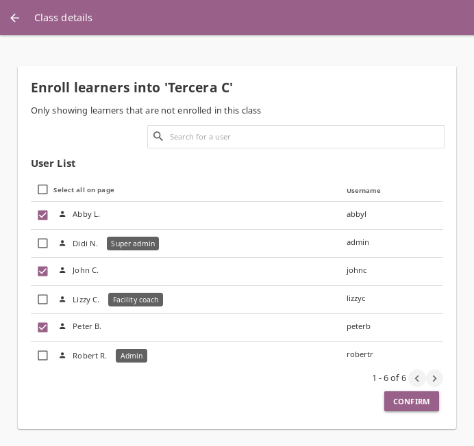 Class details window in this step displays a list of learners you can add to the class.