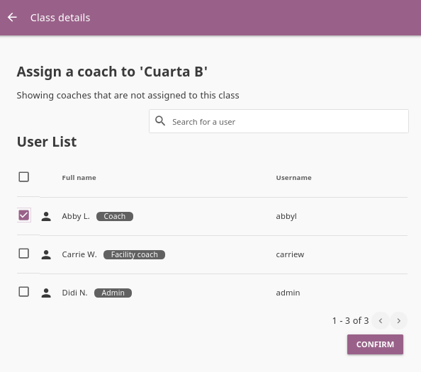 Class details window in this step displays a list of coaches you can assign to the class.