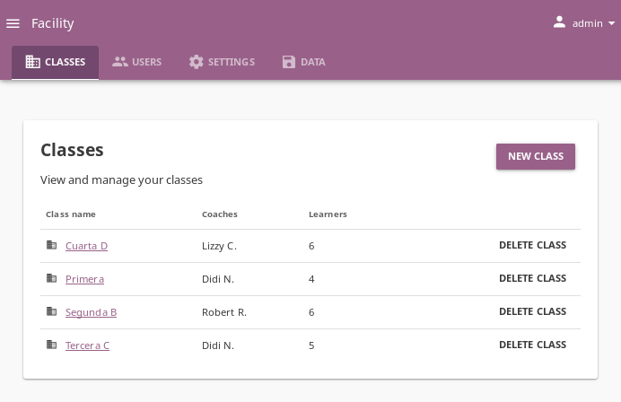 Open Facility page and navigate to Classes tab to see the the list of all the classes, and access the options to manage them.