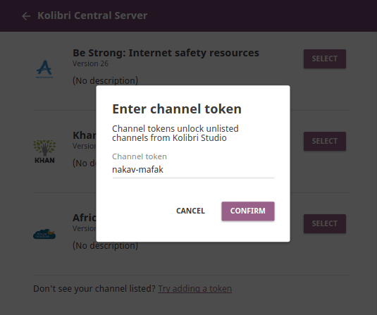 Use the text input field to enter channel token in order to import from an unlisted channel