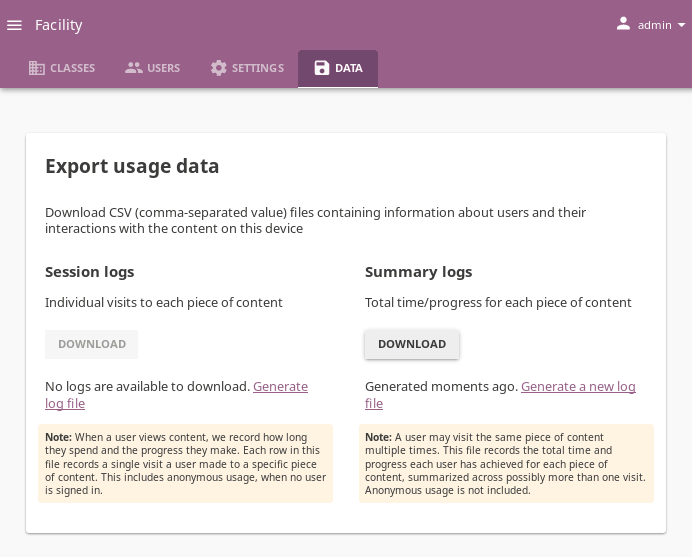 Open Facility page, navigate to Data tab, and use the Download buttons to save the logs on your local drive.