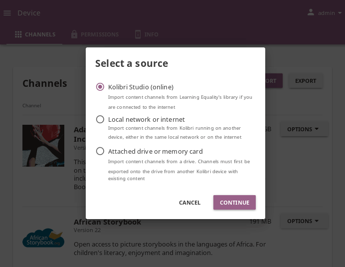 Use the radio buttons to select source for importing content