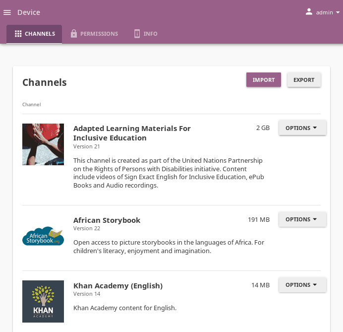 Open the Device page and Channels tab to see the list of available channels on your device