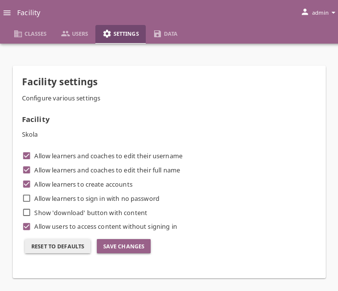 Open Facility page, navigate to Settings tab, and use the checkboxes to activate or deactivate the available options.