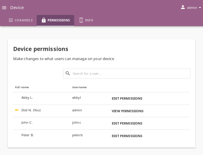 Open the Device page and navigate to Permissions tab to see permissions for every user