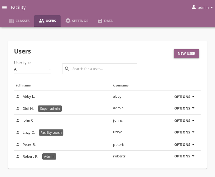 Open Facility page and navigate to Users tab to see the the list of all the users, and access the options to manage them.
