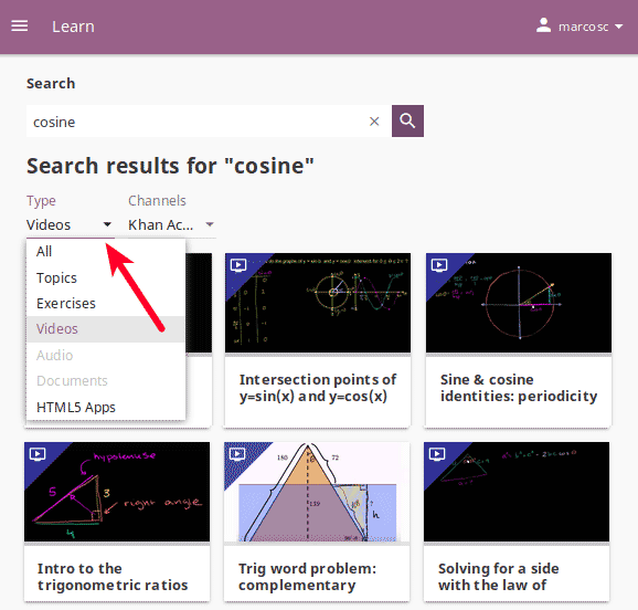 Use the select controls to filter the results by channel or type.