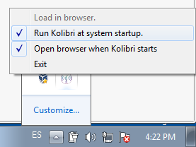 When you right click the Kolibri taskbar icon, you can see the taskbar options.